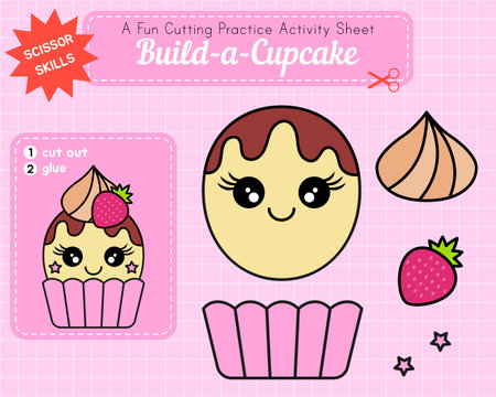 Activity worksheet, build a cupcake, cut and glue. Cutting practice for kids. Educational paper game. children's art project. Funny cartoon character. Vector kawaii sweet characterのイラスト素材