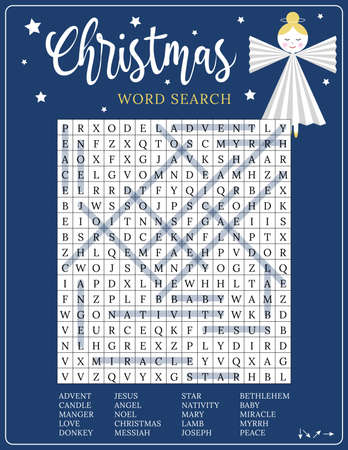 Christian religious Christmas word search puzzle. printable activity worksheet. Educational crossword game for children and adults. party card. Page for learning English. cute angeのイラスト素材