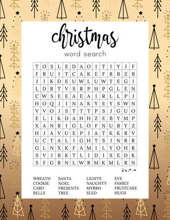 Christmas word search puzzle on the gold background with simple black trees. adult party card game. Crossword about winter holidays. printable worksheetのイラスト素材