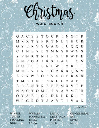 Christmas word search puzzle. Holiday party game card. family activity. printable worksheet. educational logic game. Festive crossword for learning English words about winter holidのイラスト素材