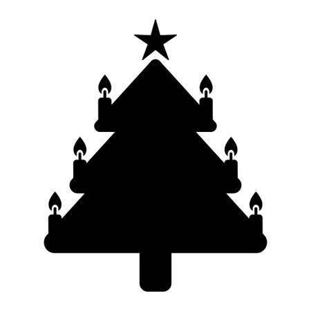 Christmas tree with candles and stars flat icon. Silhouette isolated on white background. Black fire tree. Spruce decoration concept. vector eps 10のイラスト素材