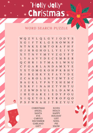 Holly Jolly Christmas word search puzzle. Game about winter holidays. party card. Suitable for social media post. Words may be hidden vertically, horizontally and diagonally.のイラスト素材