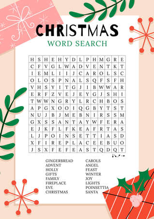 Christmas word search puzzle. Holiday crossword worksheet, find 16 hidden words. party card. Fun printable winter time activities for adults and kids. vector eps 10のイラスト素材