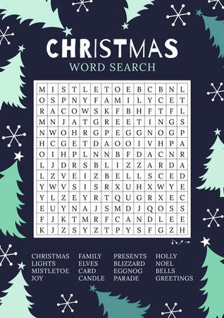 Christmas word search puzzle. Winter holiday crossword game. Printable activity worksheet for learning English. Vector illustration of Christmas trees and snowflakes.のイラスト素材