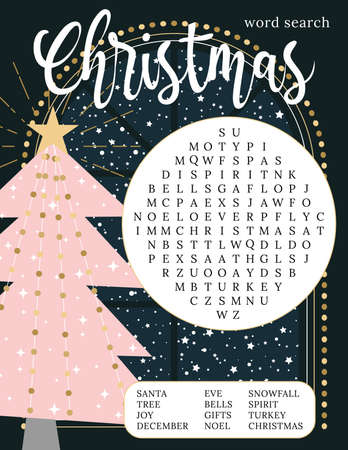 Beautiful Christmas word search puzzle with pink tree. Crossword game about winter holidays. Printable activity worksheet for learning English. family party card. suitable for sociのイラスト素材