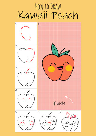 How to draw kawaii peach for children. Step by step drawing tutorial. Easy guide to learning to draw. Activity game for kids.のイラスト素材