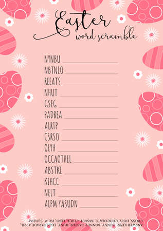 Easter word scramble. educational game. Holiday crossword worksheet. party card. Fun printable spring activities.のイラスト素材