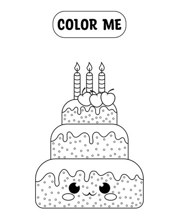 Birthday cake kawaii coloring page. Cartoon sweet design. printable activity worksheet for children.のイラスト素材
