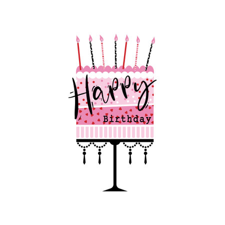 cute pink cake with candles. birthday greeting cards and poster, invitation design. vector illustrationのイラスト素材