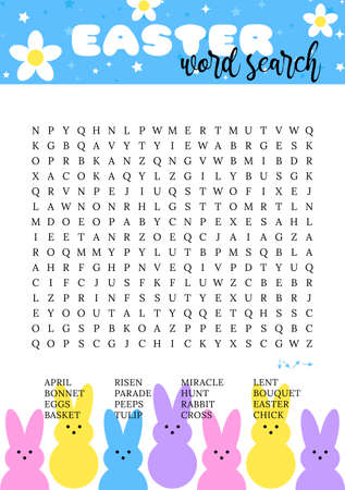 Easter word search puzzle. Educational trivia game. Funny holiday crossword, worksheet. party card. Fun printable spring activities. Page for learning English words.のイラスト素材