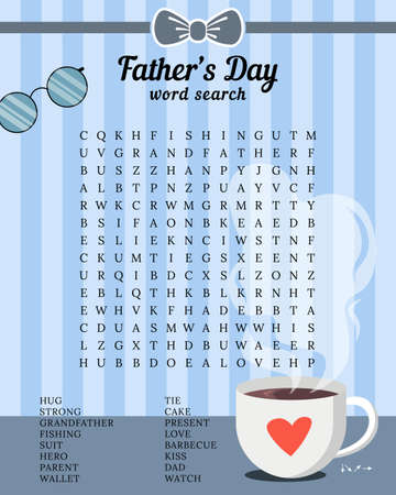Father's Day word search puzzle. Holiday crossword suitable for social media post. Trivia game. party card. activity worksheet. vector illustrationのイラスト素材