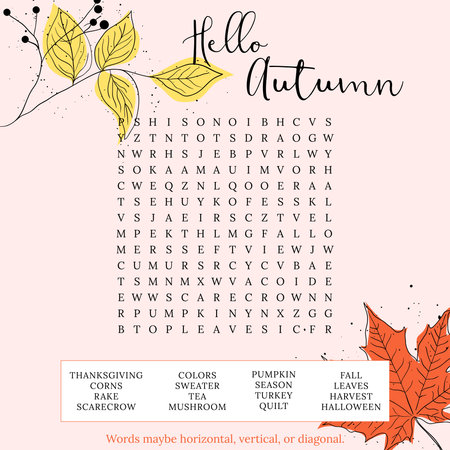 Hello Autumn word search puzzle for children or adults. Crossword game for learning English words fun. Suitable for social media post. educational worksheet.のイラスト素材