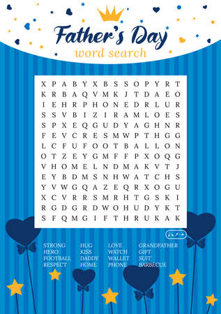 Father's Day word search puzzle. Holiday crossword suitable for social media post. Trivia game. party card. activity worksheet. vector illustrationのイラスト素材