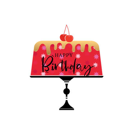 Happy Birthday cake with red cherry illustration. Beautiful greeting card design.のイラスト素材