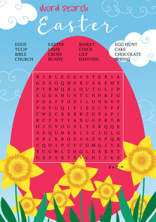 Easter word search puzzle. Educational trivia game. Funny holiday crossword, worksheet, find 16 hidden words. party card. Fun printable spring activitiesのイラスト素材