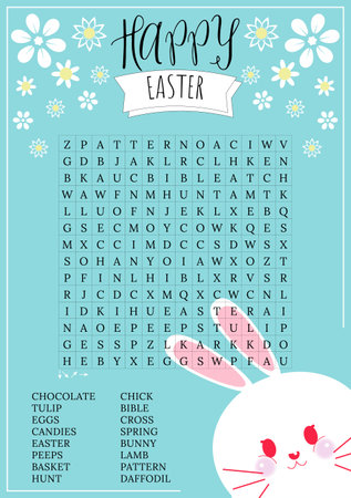 Happy Easter, spring word search puzzle with cute kawaii bunny. Educational holiday crossword, trivia game. Festive colorful worksheet for learning English words. Fun printable parのイラスト素材