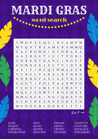 Mardi Gras word search puzzle. Fun printable party activities. Crossword game for learning English words about Fat Tuesday. party card. Find 16 hidden words.のイラスト素材