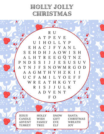 Holly Jolly Christmas word search puzzle. Holiday party game card. family activity. printable worksheet. educational logic game. Festive crossword for learning English words aboutのイラスト素材