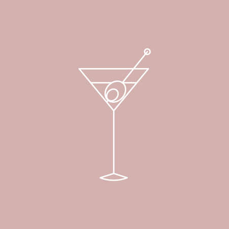 Goblet or wineglass of martini cocktail. Vector flat icon in outline design. Glass drink symbol. alcohol silhouette isolated on pink backgroundのイラスト素材