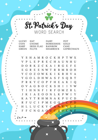 St.Patrick's Day word search puzzle. school party activity card. Logic educational game for learning English words. Printable trivia game, holiday crossword.のイラスト素材