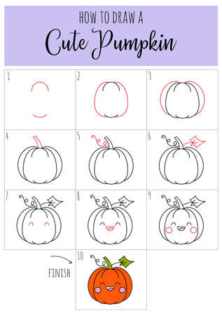 How to draw cute pumpkin for kids. Step by step drawing tutorial. Easy guide to learning to draw. Halloween holiday activity gameのイラスト素材