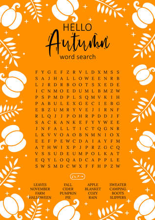 Hello Autumn word search puzzle for children or adults. Crossword activity printable game for learning English words. Suitable for social media post. educational worksheet. learninのイラスト素材