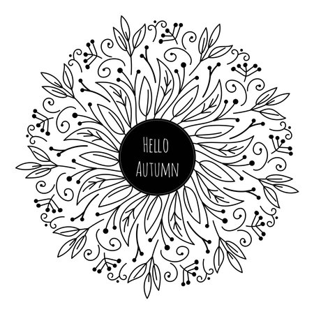 Hello autumn banner. Wreath black and white hand drawn illustration. line art. Background for fall season, harvest.のイラスト素材
