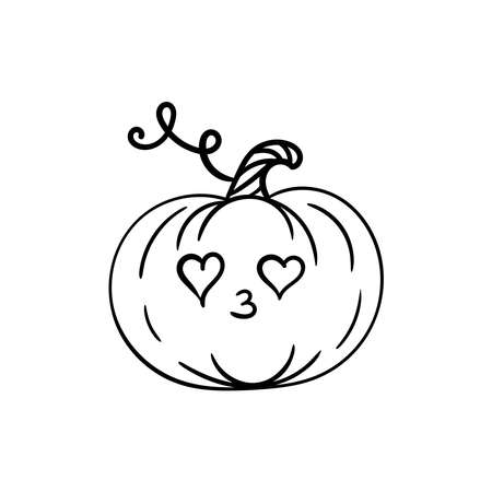 Autumn hand drawn pumpkin with cartoon face, line art, icon, vector illustration for posters, cards. Pumpkin season, fall, harvest, thanksgiving day design.のイラスト素材
