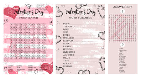 Set of Valentine's Day games. Word search puzzle, word scramble. Fun printable party activities. Answer key included. Educational game for learning English. party card. Find hiddenのイラスト素材