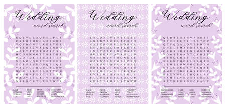 Set wedding word search puzzle on a lilac background.Bridal shower crossword, trivia, activity card. Engagement, bachelorette party printable. Find hidden words about loveのイラスト素材