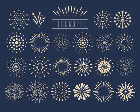 Fireworks vector icon collection. Starburst with rays and trails, isolated on dark blue background. Light burst line shine.Happy new year design. Carnival festive or birthday partyのイラスト素材