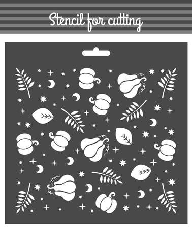 Autumn, fall, Thanksgiving pattern theme stencil for cutting and scrapbooking. Pumpkins, tree branch, leaves, moon and stars. Template for cards, invitations. Suitable for laser,plのイラスト素材