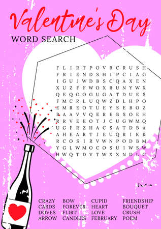 Valentine's Day (February 14) word search puzzle. printable party card. educational game. Crossword game, trivia, activity card. love theme. Champagne on pink background.のイラスト素材