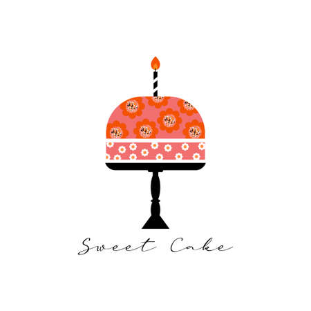 Cake design, bakery elegant cake with candle for birthday card, invitations, banner, announcement. Festive isolated elements on a white background.のイラスト素材