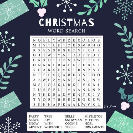 Christmas word search puzzle. Holiday crossword square worksheet. Fun winter time activities for adults. logic game. Suitable for social media promotion, stories. vector eps 10のイラスト素材