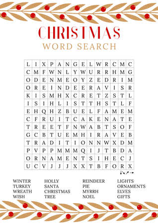 Christmas word search puzzle. Holiday crossword worksheet, find 16 hidden words. logic game. party card. Fun printable winter time activities for adults and children. vector eps 10のイラスト素材