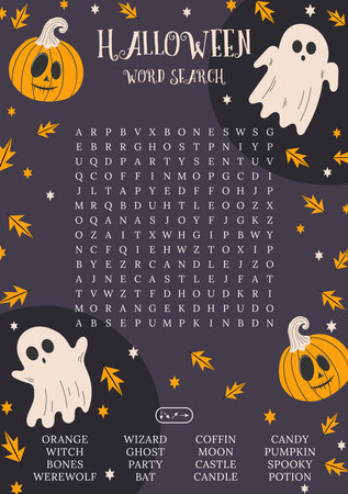 Halloween word search puzzle. October crossword game. Worksheet for learning English words. autumn theme. Suitable for social media post. Ghost and pumpkins vector illustration.Priのイラスト素材