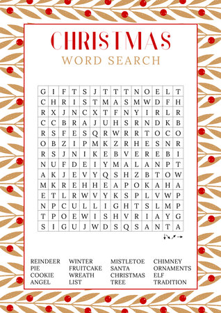 Christmas word search puzzle. Holiday crossword worksheet, find 16 hidden words. logic game. party card. Fun printable winter time activities for adults and children. vector eps 10のイラスト素材