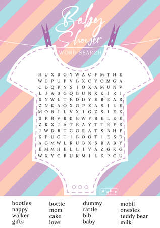 Baby shower word search puzzle game. printable party card. Activities ideas suppliesのイラスト素材