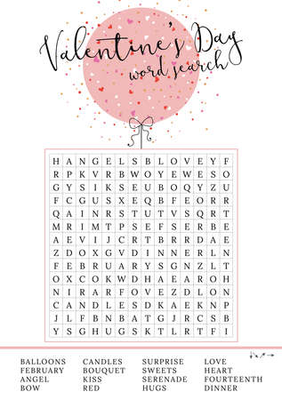 Valentine's Day game. Word search puzzle. Fun printable party activities. Crossword for learning English. party card. Find hidden words about love. Illustration of balloon with conのイラスト素材
