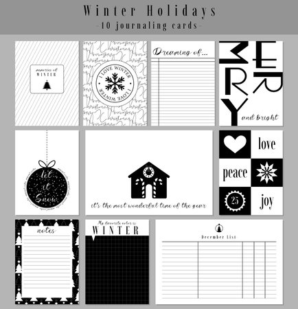 Set of 10 printable creative winter holiday, Christmas theme journaling cards. Vector design templates for planners, scrapbooking, greeting cards, gift cards, blogging, notesのイラスト素材