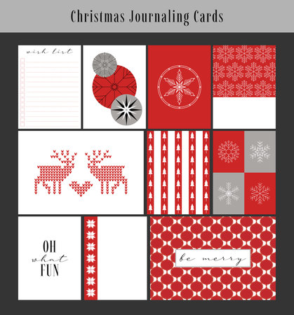 Set of 10 printable creative winter holiday, Christmas theme journaling cards. Vector design templates for planners, scrapbooking, greeting cards, gift cards, blogging, notesのイラスト素材