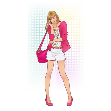 a girl with a bag and a mobile phoneのイラスト素材
