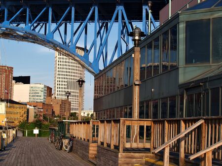 Boardwalk on the Cuyahoga River in downtown Cleveland, Ohioの写真素材