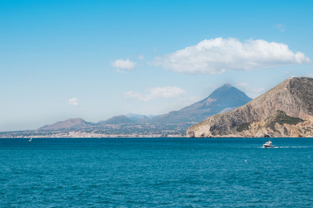 View from the sea to the mountains and the island of Crete, Greeceの写真素材
