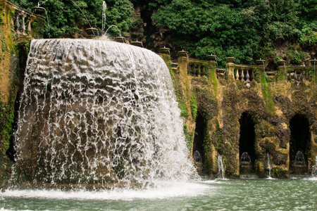 Waterfall in the park of Villa Borghese, Rome, Italyの写真素材