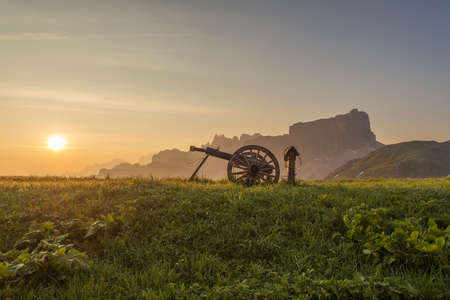 Mountain Panorama of the Dolomites as viewed from passo di Giau (as viewed from the mountain pass Giau). Photograph was taken just after the sunrise from the top of the pass.の写真素材