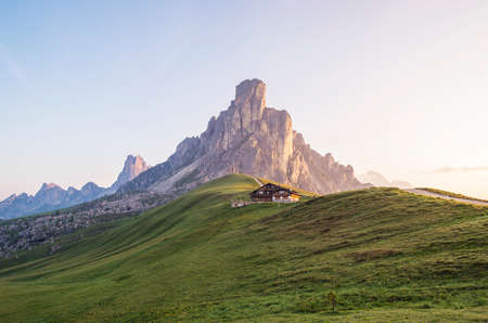 Mountain Panorama of the Dolomites as viewed from passo di Giau (as viewed from the mountain pass Giau). Photograph was taken just after the sunrise from the top of the pass.の写真素材