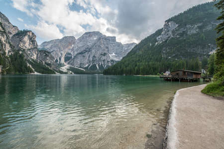 Mountains Panorama of the Dolomites at Alpine lake Braiesの写真素材