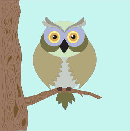 The wise old owl with yellow eyes , blue-gray plumage, sitting lonely on the treeのイラスト素材